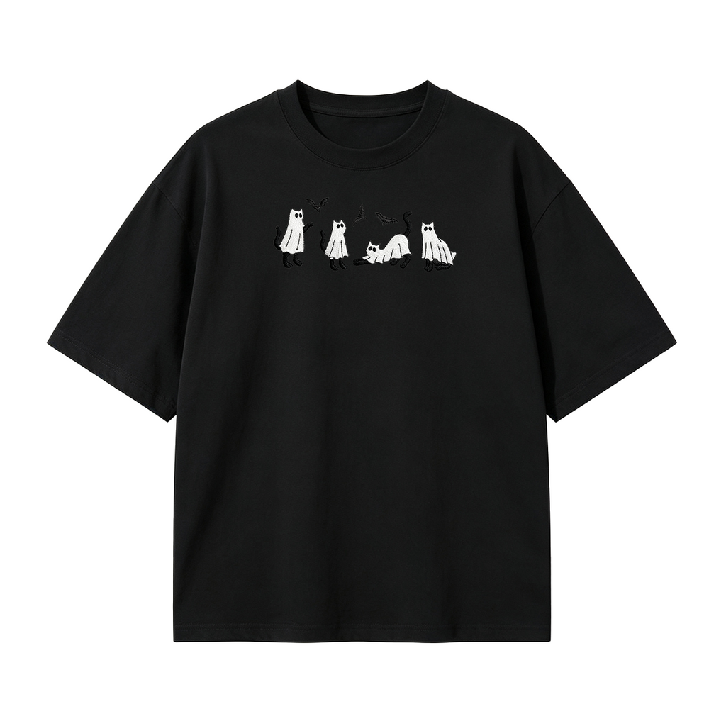 Embroidered Ghost Cats Halloween T-shirt