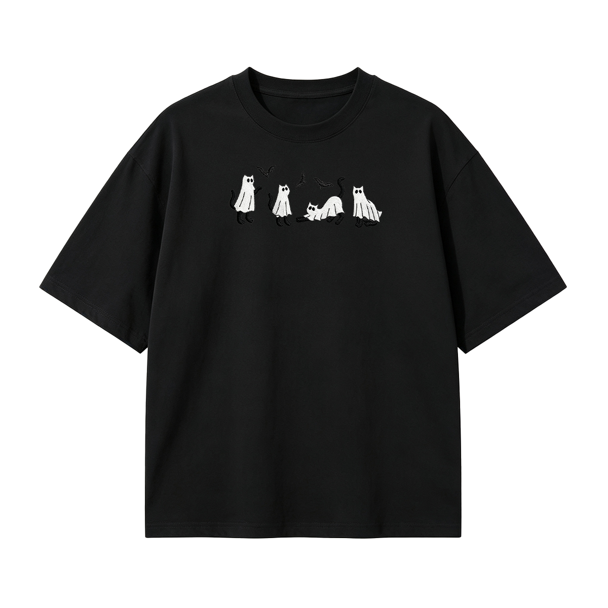 Embroidered Ghost Cats Halloween T-shirt