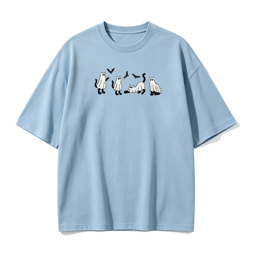 Embroidered Ghost Cats Halloween T-shirt