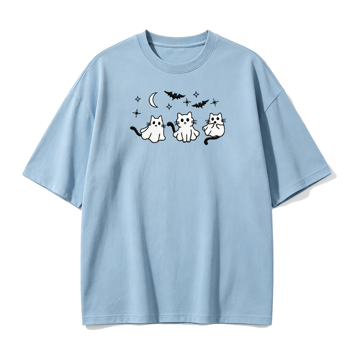 3 Ghost Cats Embroidered Spooky Season Halloween  T-shirt