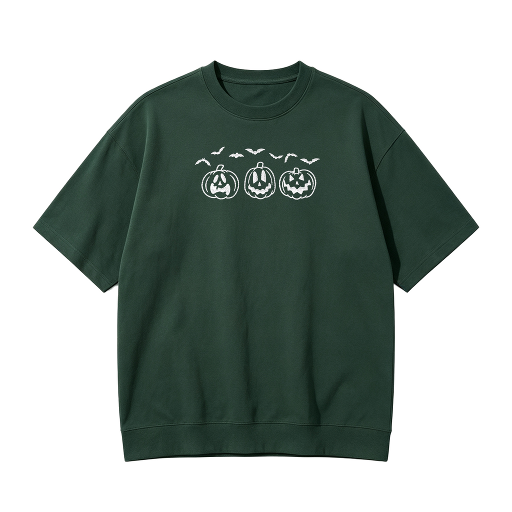 Embroidered Pumpkin Outline with Bats Halloween T-shirt