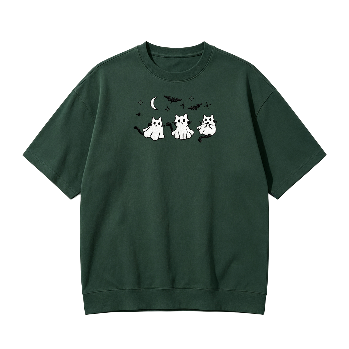 3 Ghost Cats Embroidered Spooky Season Halloween  T-shirt