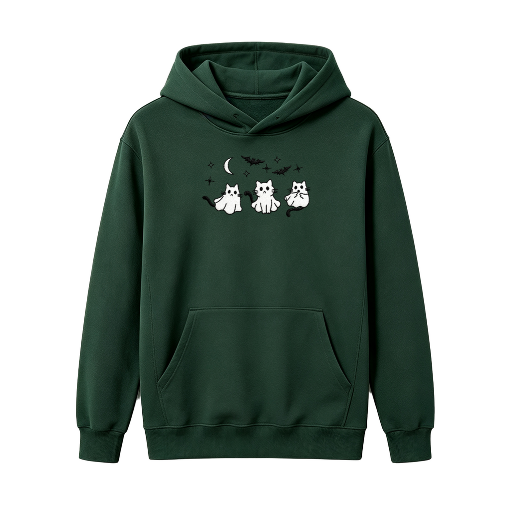 3 Ghost Cats Embroidered Spooky Season Halloween Hoodie