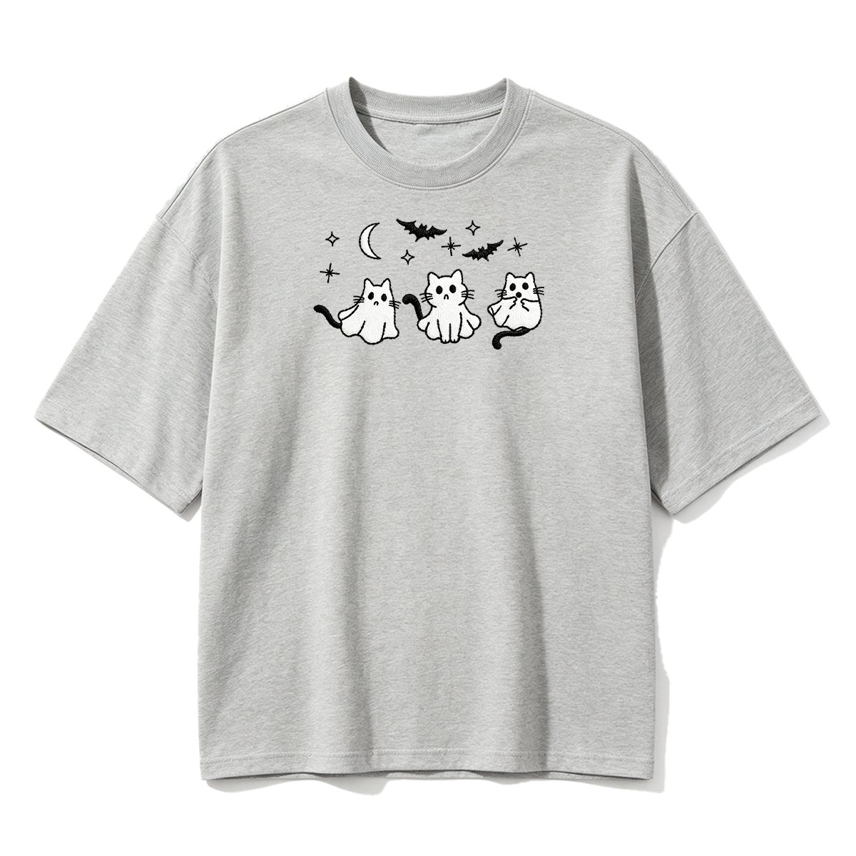 3 Ghost Cats Embroidered Spooky Season Halloween  T-shirt