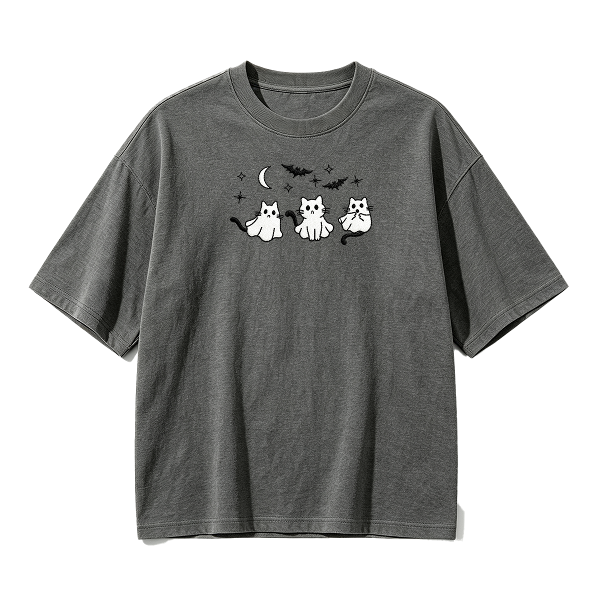 3 Ghost Cats Embroidered Spooky Season Halloween  T-shirt