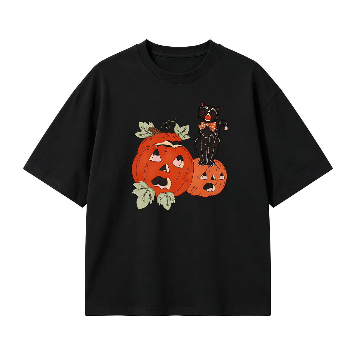 Halloween Screaming Black Cat And Pumpkins T-shirt
