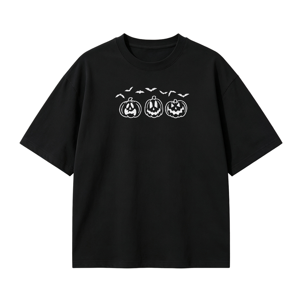 Embroidered Pumpkin Outline with Bats Halloween T-shirt