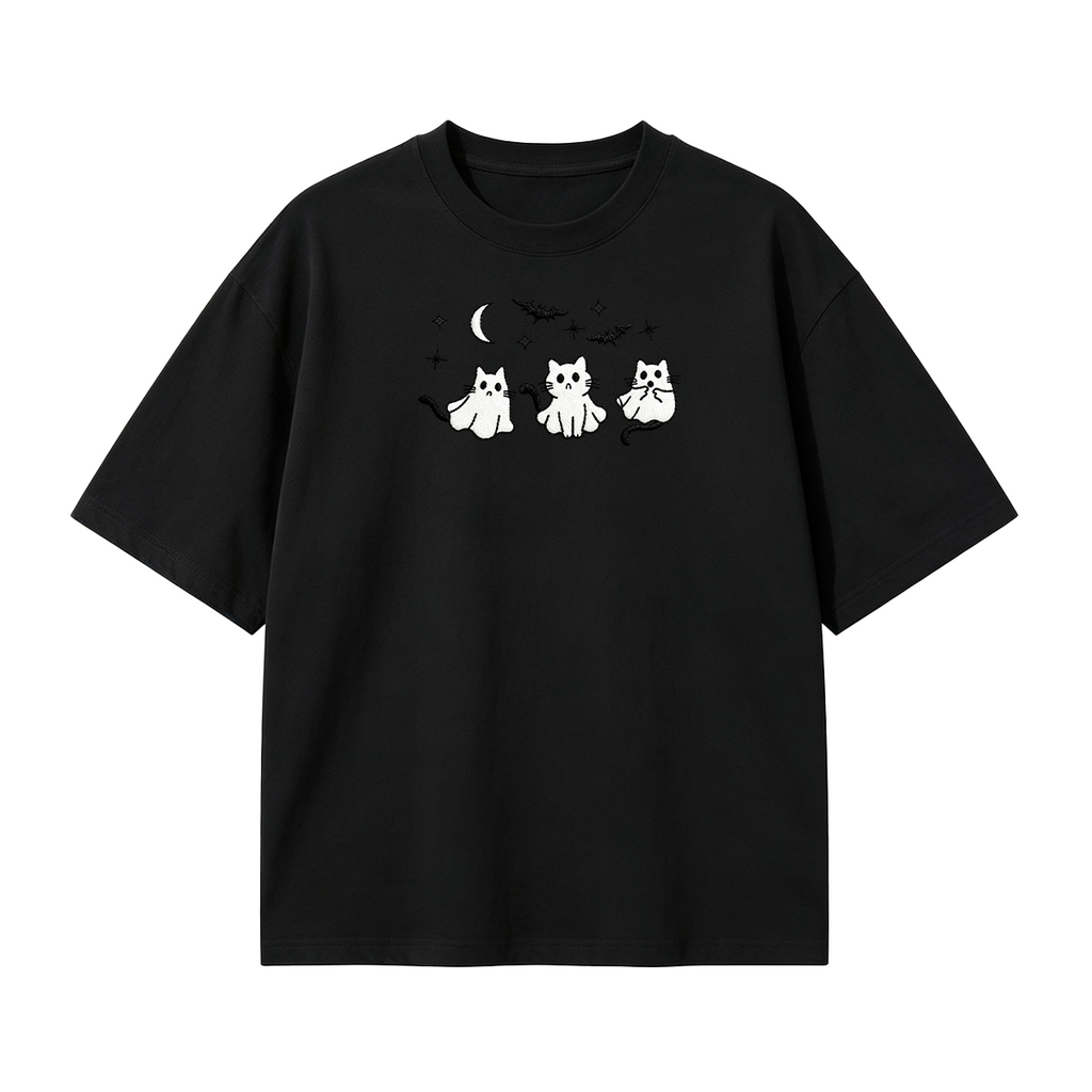 3 Ghost Cats Embroidered Spooky Season Halloween  T-shirt