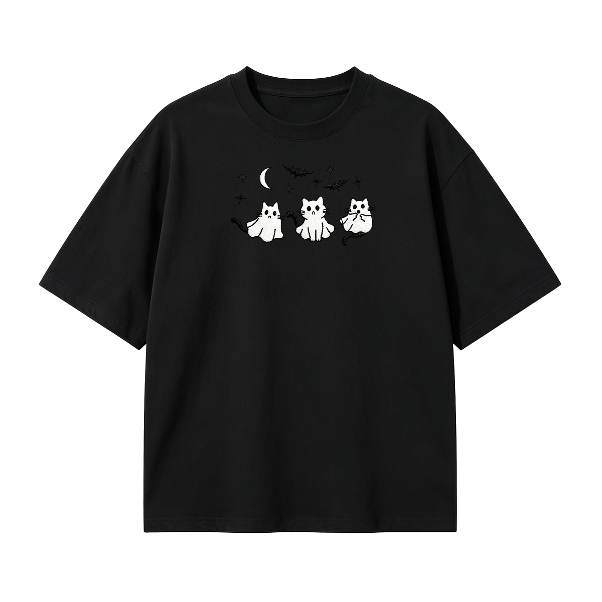 3 Ghost Cats Embroidered Spooky Season Halloween  T-shirt