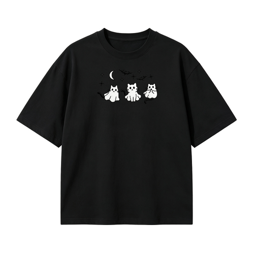 3 Ghost Cats Embroidered Spooky Season Halloween  T-shirt