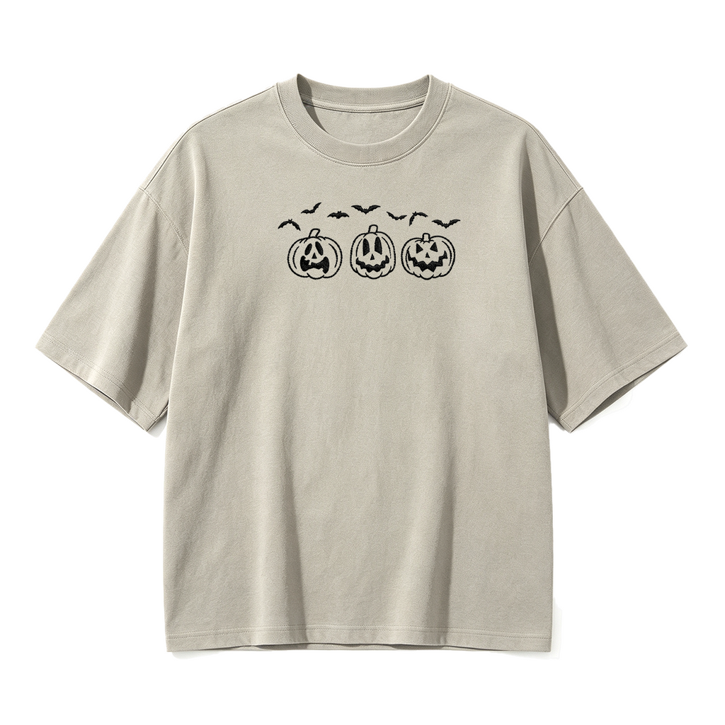 Embroidered Pumpkin Outline with Bats Halloween T-shirt