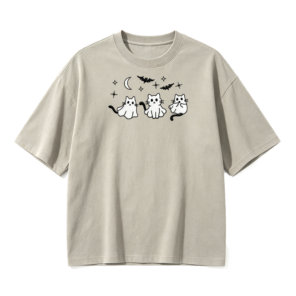 3 Ghost Cats Embroidered Spooky Season Halloween  T-shirt