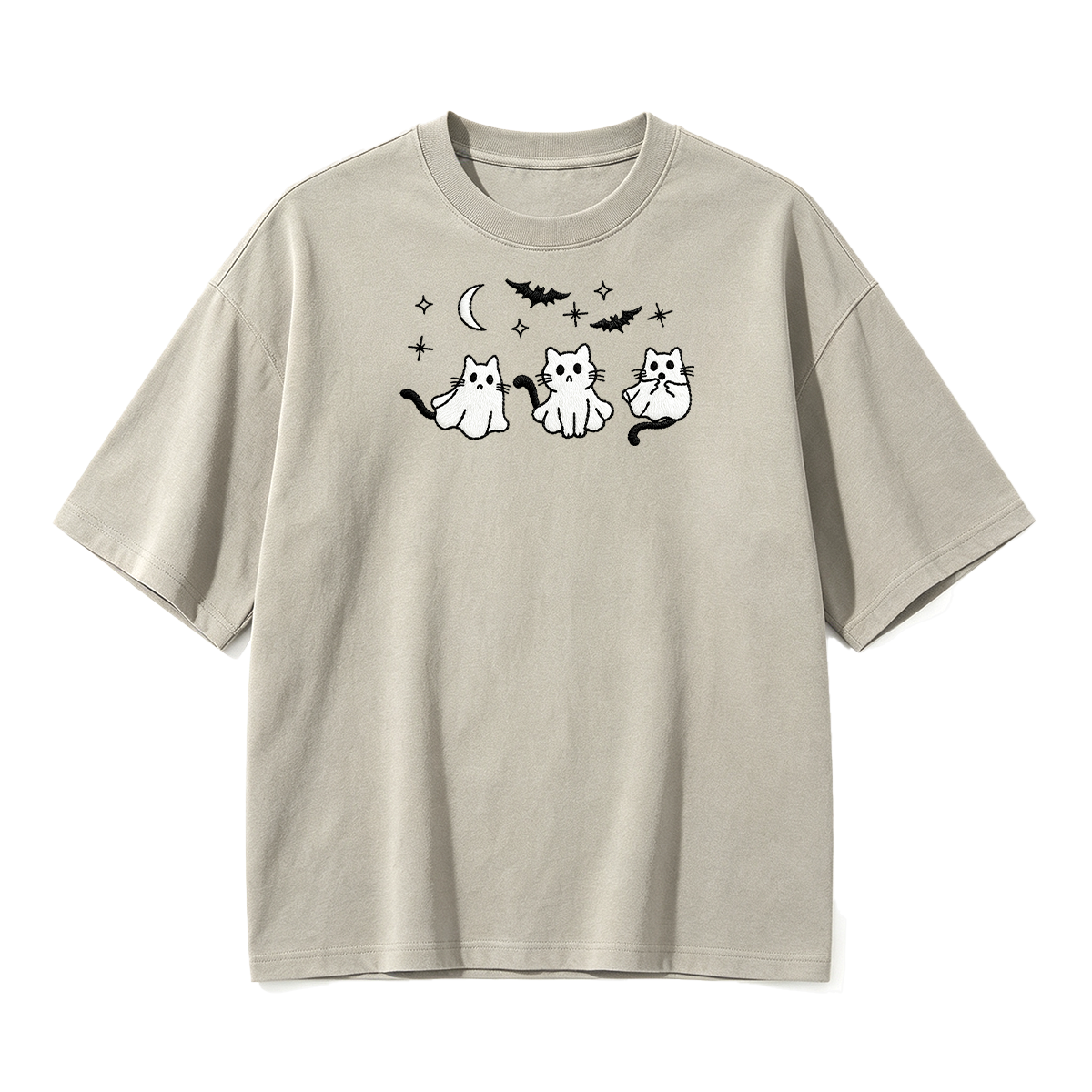 3 Ghost Cats Embroidered Spooky Season Halloween  T-shirt