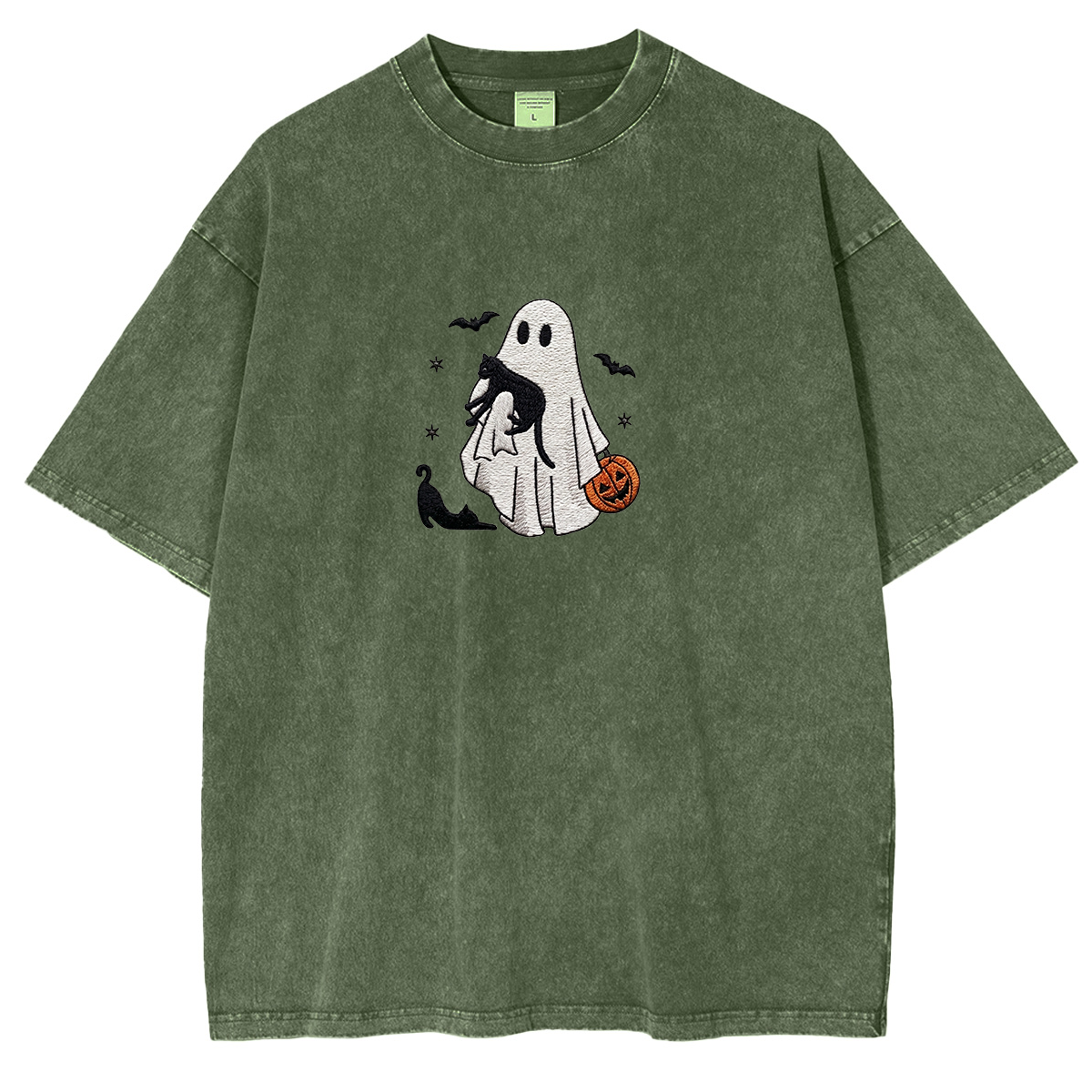 Ghost With Cats embroidered Halloween Weashed Shrit