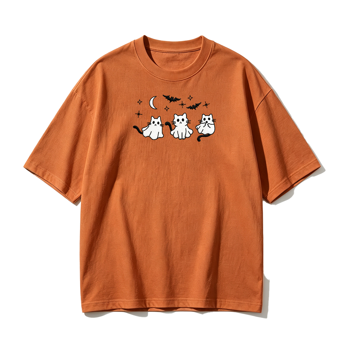 3 Ghost Cats Embroidered Spooky Season Halloween  T-shirt