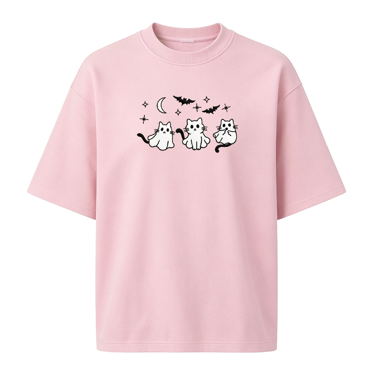 3 Ghost Cats Embroidered Spooky Season Halloween  T-shirt