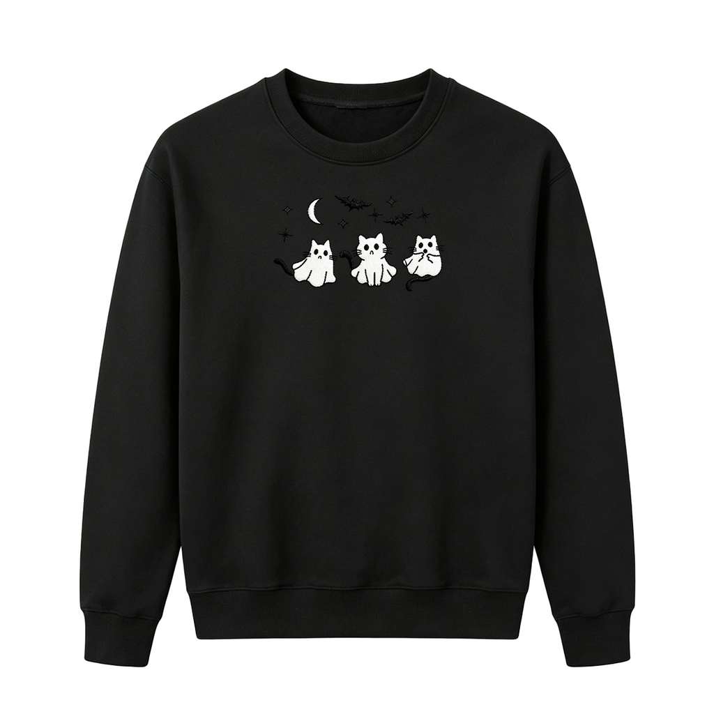 3 Ghost Cats Embroidered Spooky Season Halloween Sweatshirt