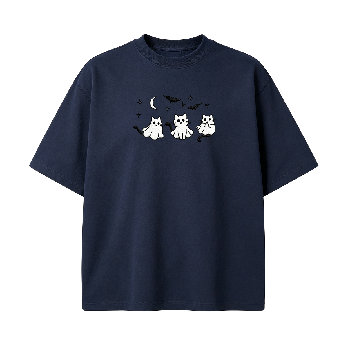 3 Ghost Cats Embroidered Spooky Season Halloween  T-shirt