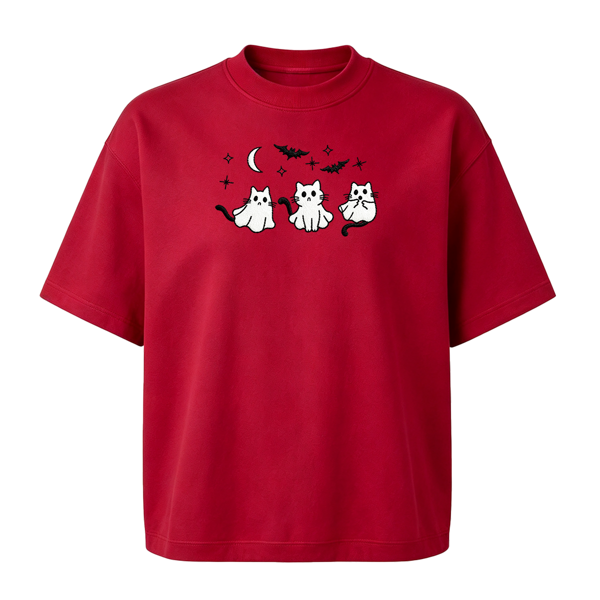3 Ghost Cats Embroidered Spooky Season Halloween  T-shirt