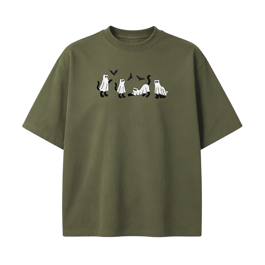 Embroidered Ghost Cats Halloween T-shirt