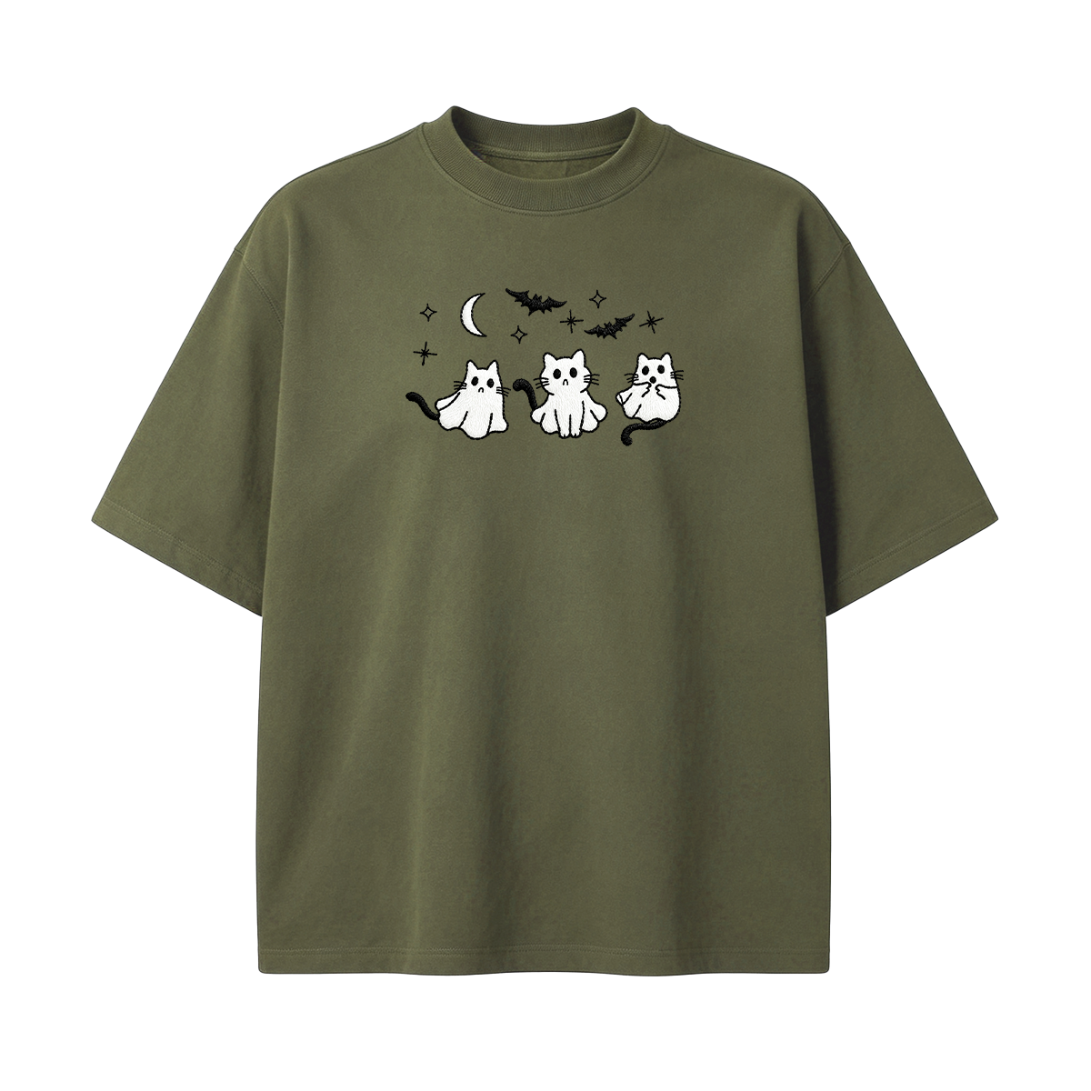 3 Ghost Cats Embroidered Spooky Season Halloween  T-shirt