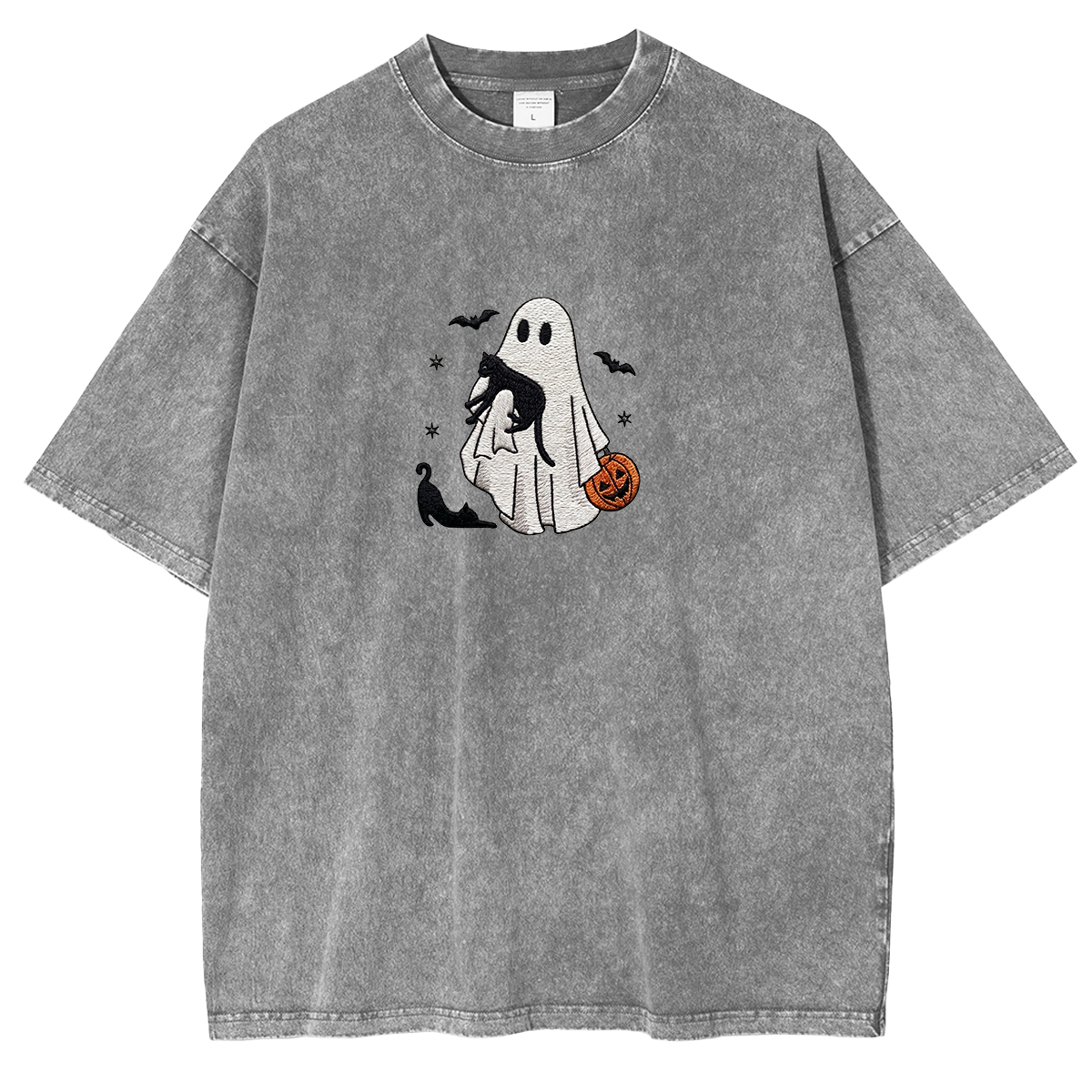 Ghost With Cats embroidered Halloween Weashed Shrit