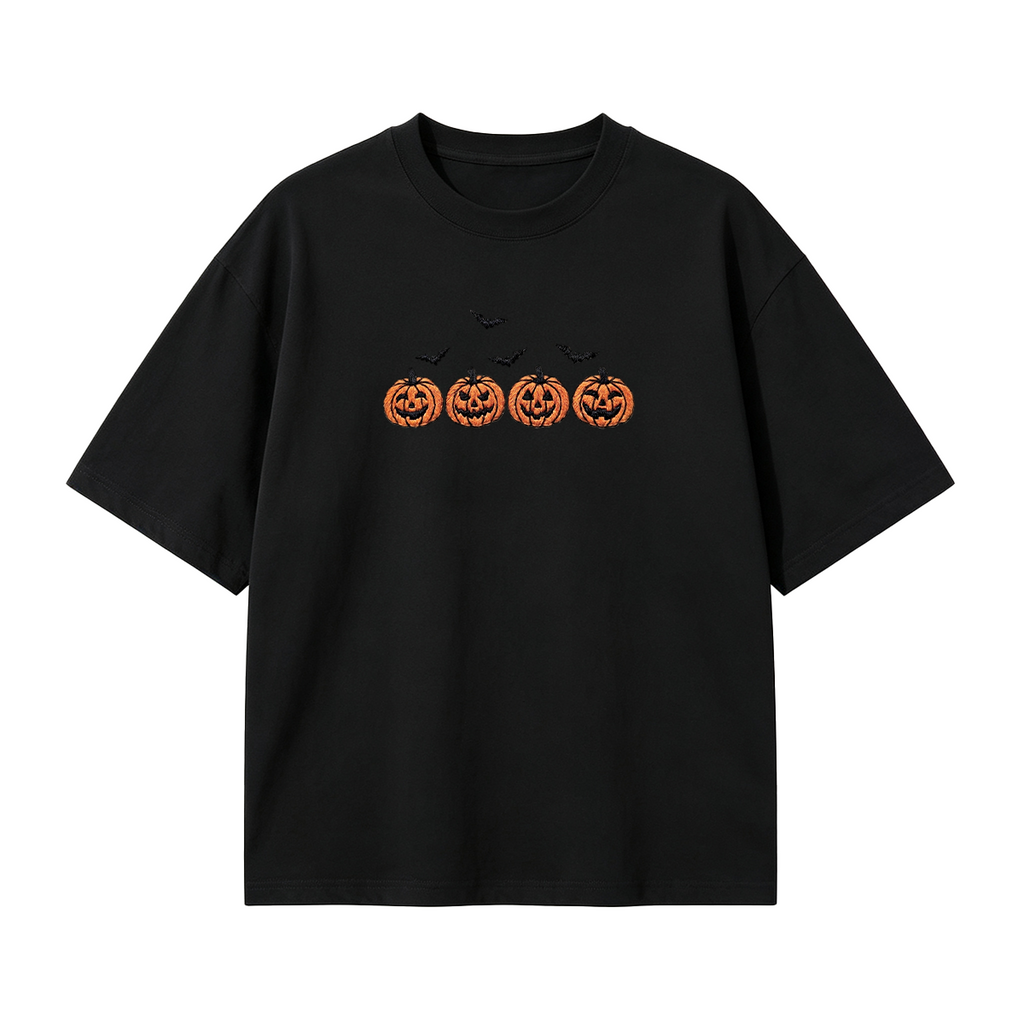 Pumpkins and bats embroidered spooky season Halloween T-shirt