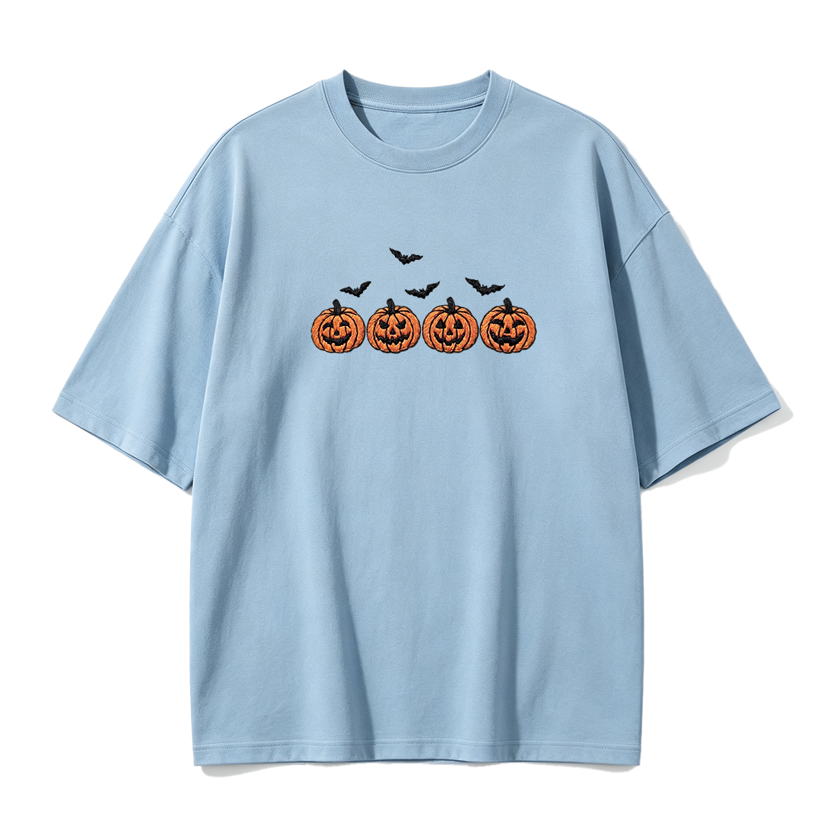 Pumpkins and bats embroidered spooky season Halloween T-shirt