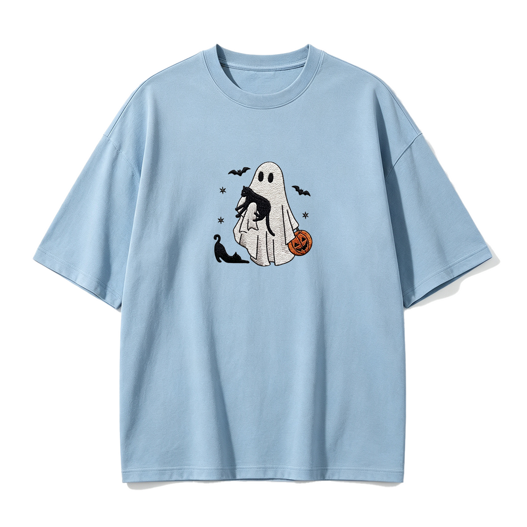 Ghost With Cats Embroidered Halloween T-shirt