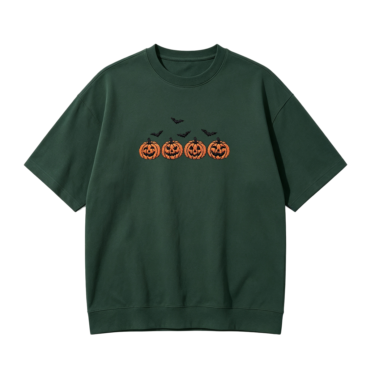Pumpkins and bats embroidered spooky season Halloween T-shirt