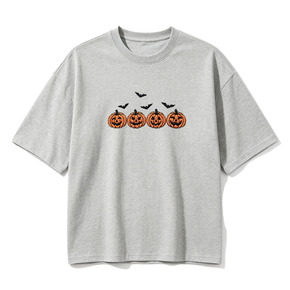 Pumpkins and bats embroidered spooky season Halloween T-shirt