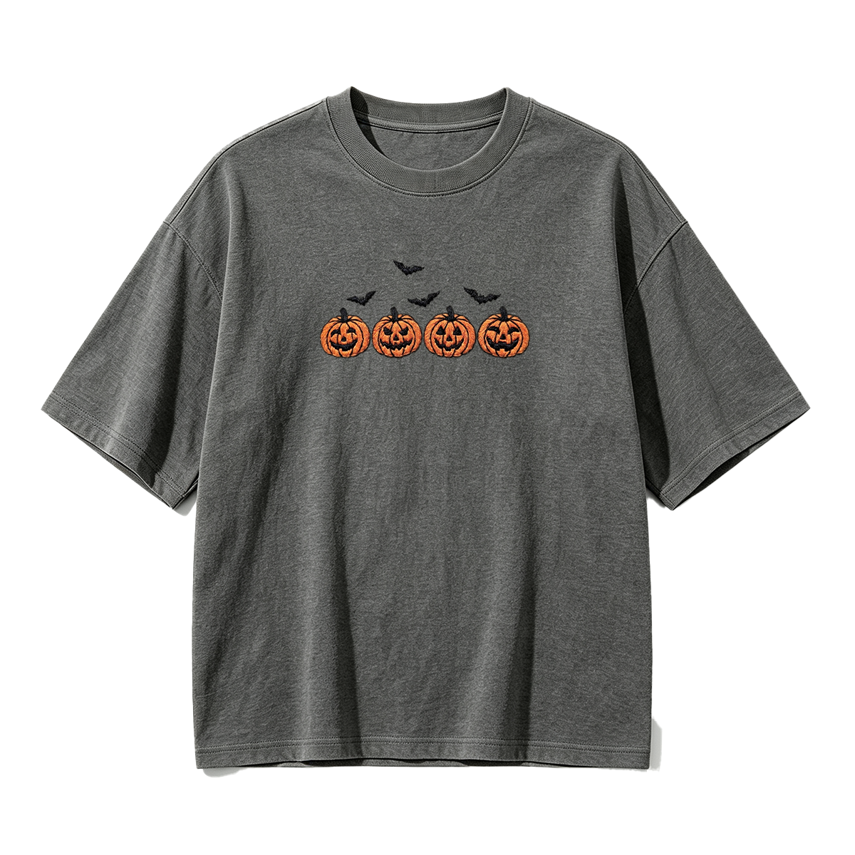 Pumpkins and bats embroidered spooky season Halloween T-shirt