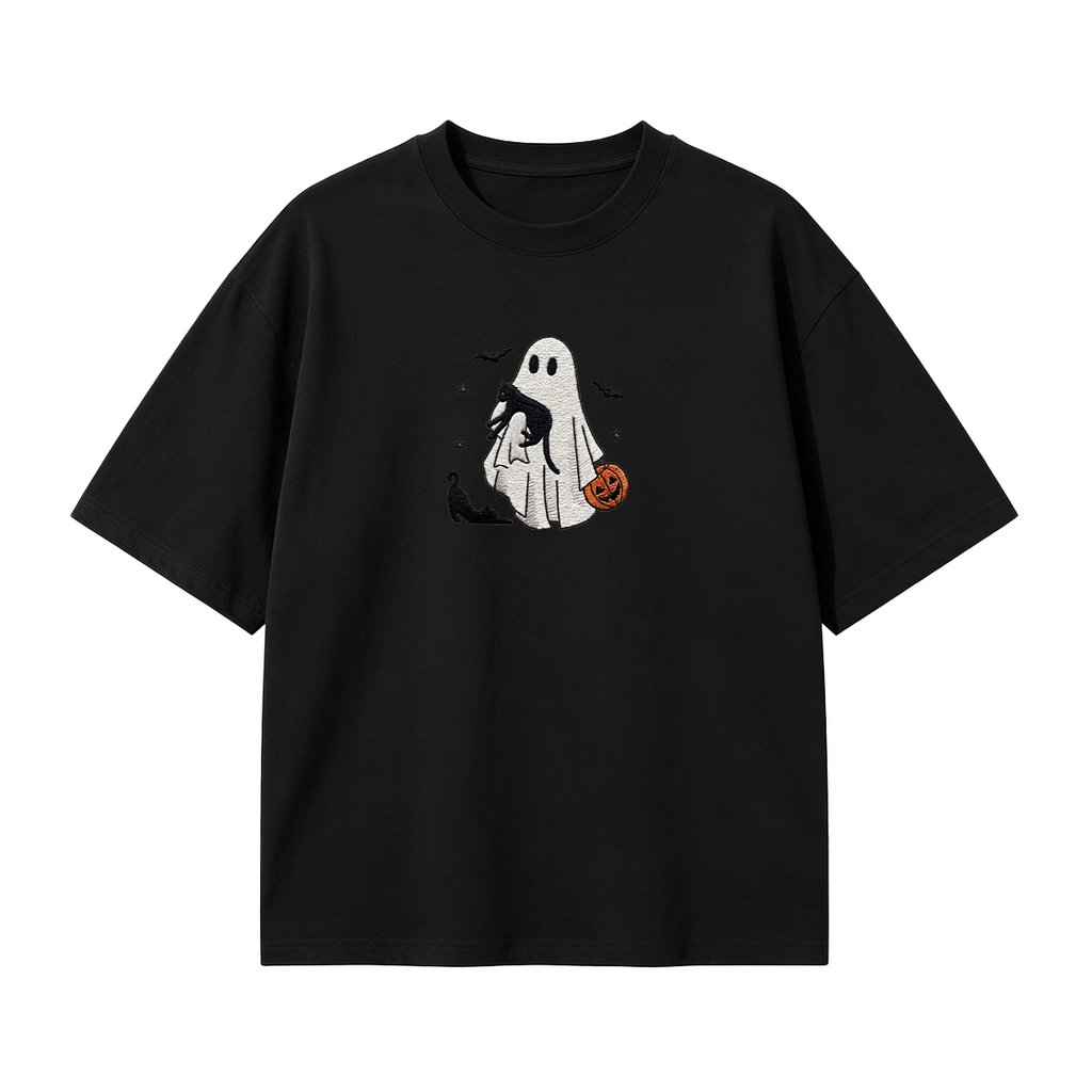 Ghost With Cats Embroidered Halloween T-shirt
