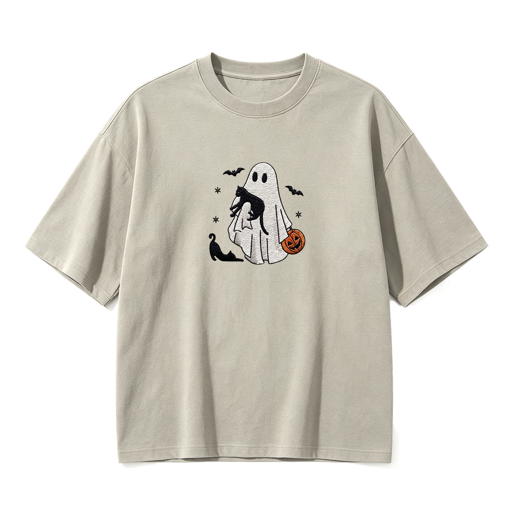 Ghost With Cats Embroidered Halloween T-shirt