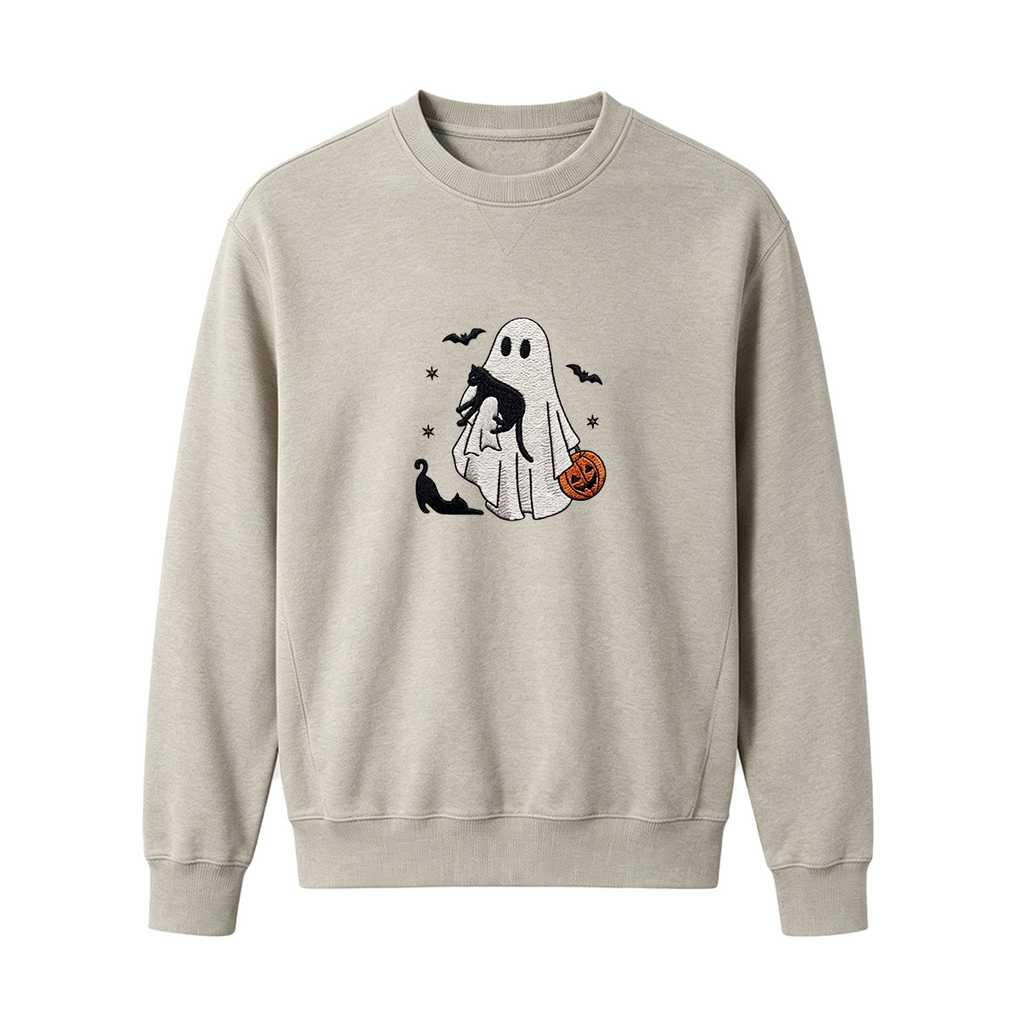 Ghost With Cats Embroidered Halloween Sweatshirt