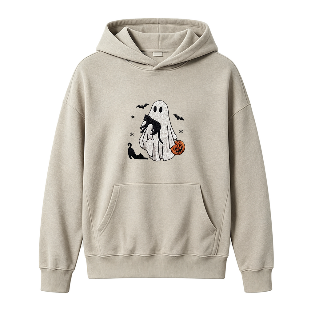 Ghost With Cats Embroidered Halloween Hoodie