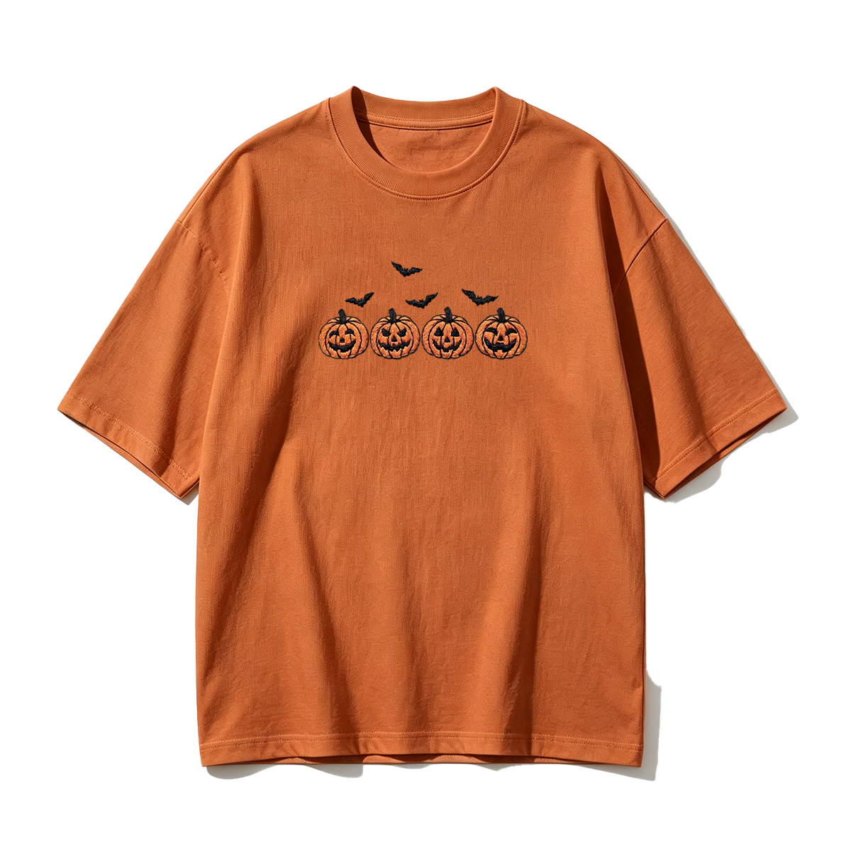 Pumpkins and bats embroidered spooky season Halloween T-shirt