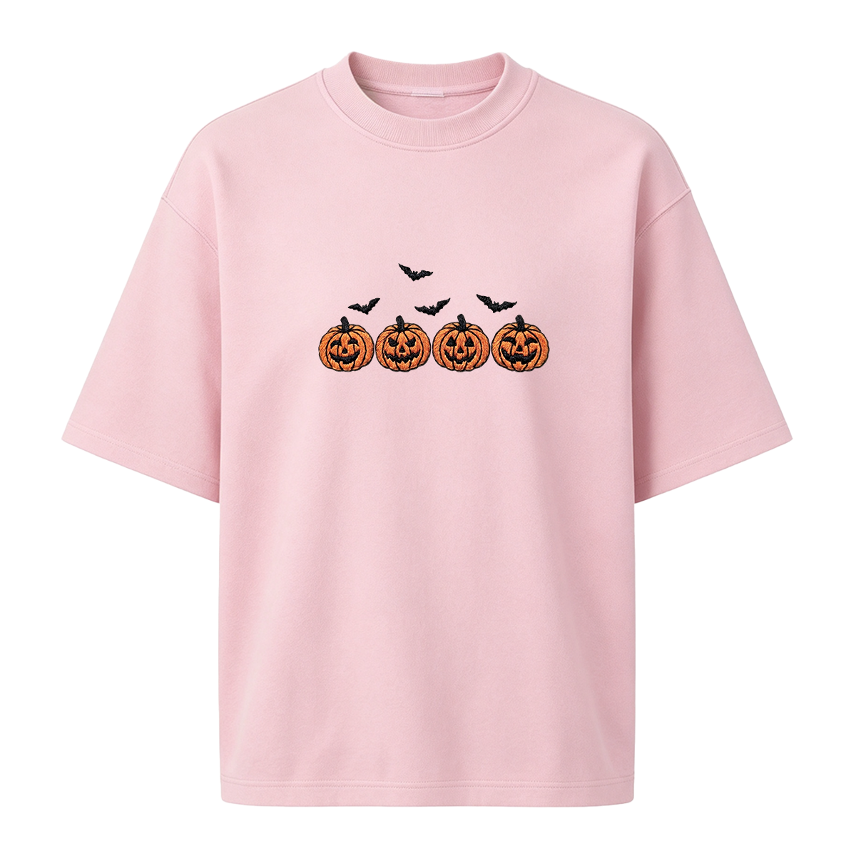 Pumpkins and bats embroidered spooky season Halloween T-shirt
