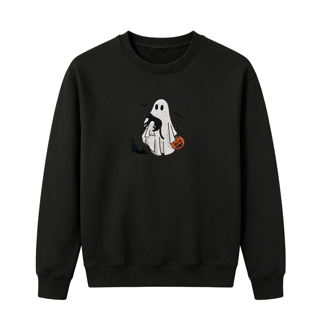 Ghost With Cats Embroidered Halloween Sweatshirt