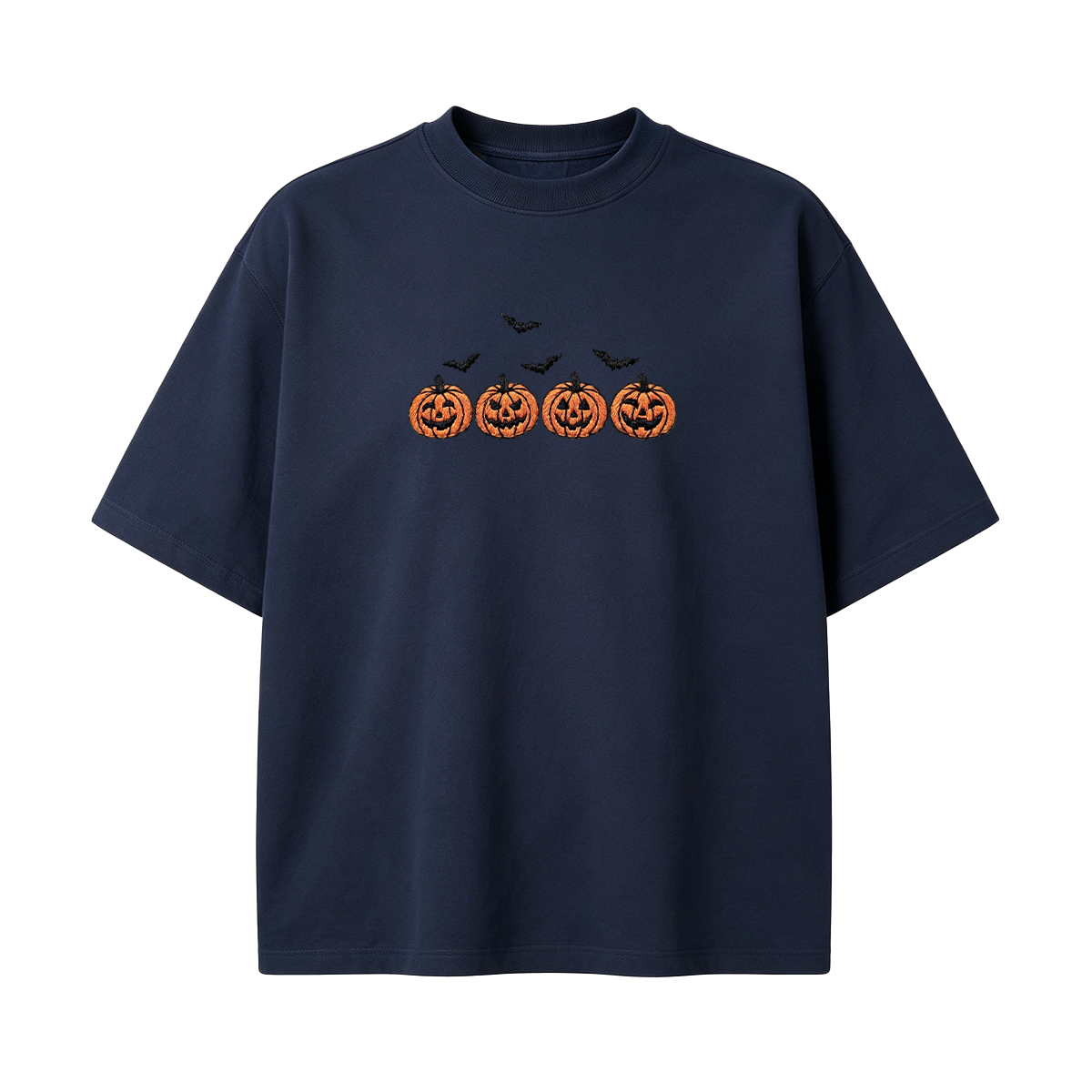 Pumpkins and bats embroidered spooky season Halloween T-shirt