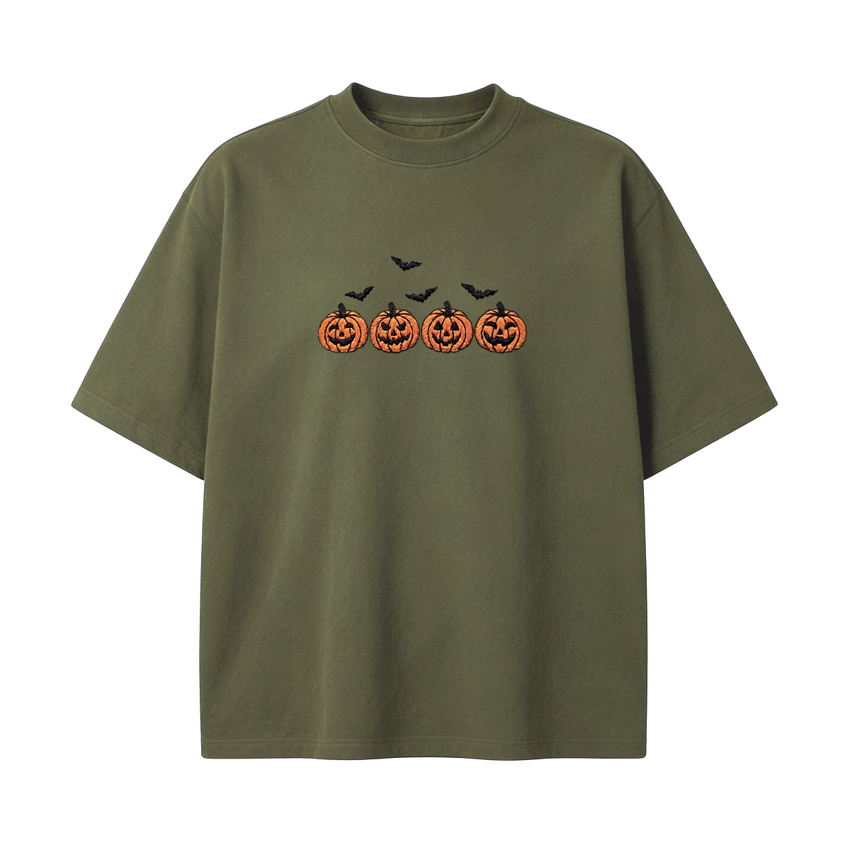 Pumpkins and bats embroidered spooky season Halloween T-shirt