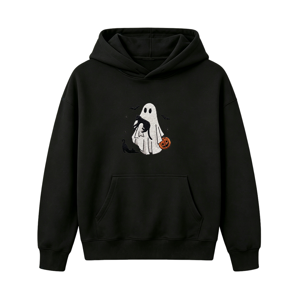Ghost With Cats Embroidered Halloween Hoodie