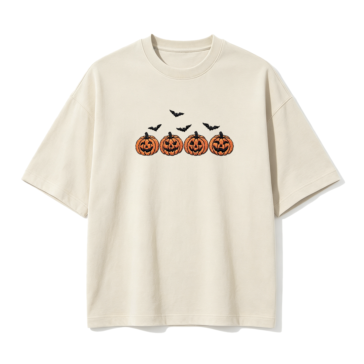 Pumpkins and bats embroidered spooky season Halloween T-shirt