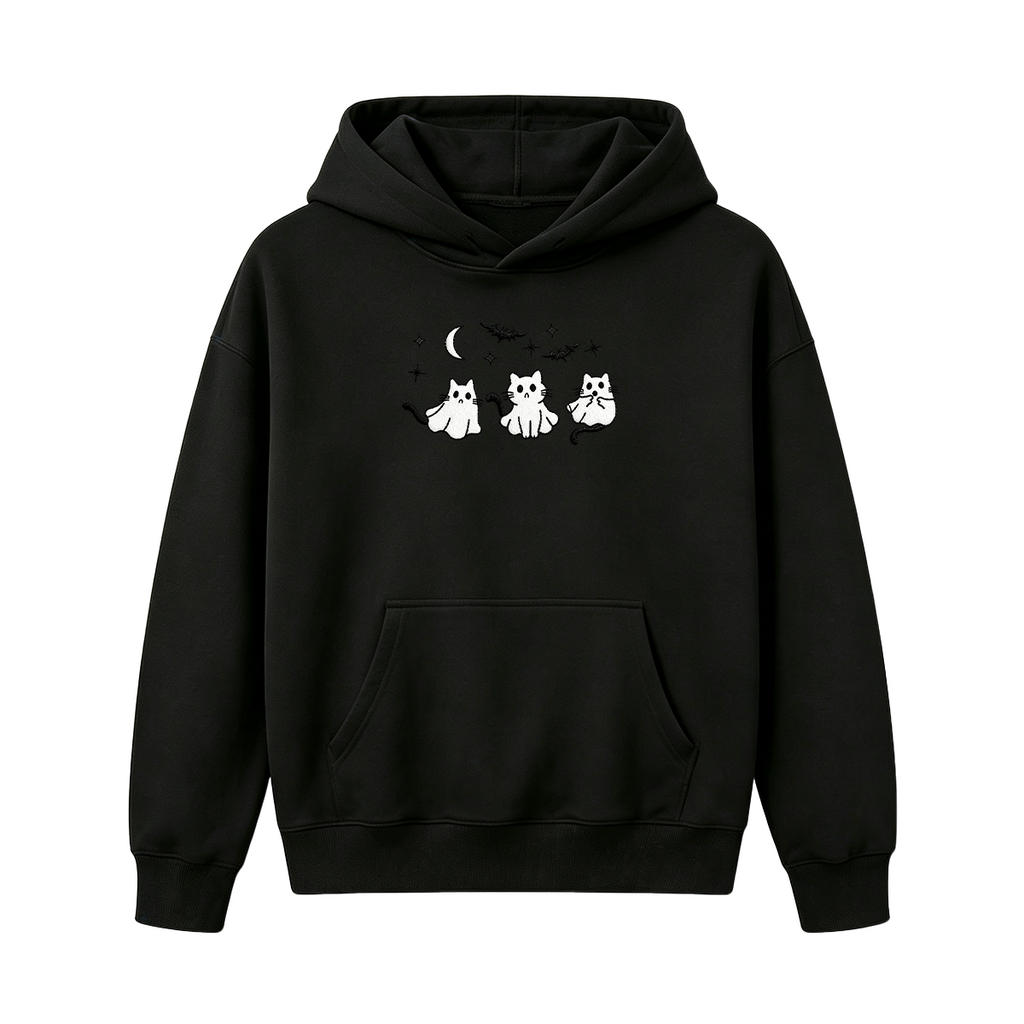 3 Ghost Cats Embroidered Spooky Season Halloween Hoodie