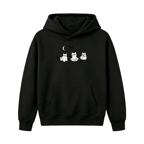 3 Ghost Cats Embroidered Spooky Season Halloween Hoodie