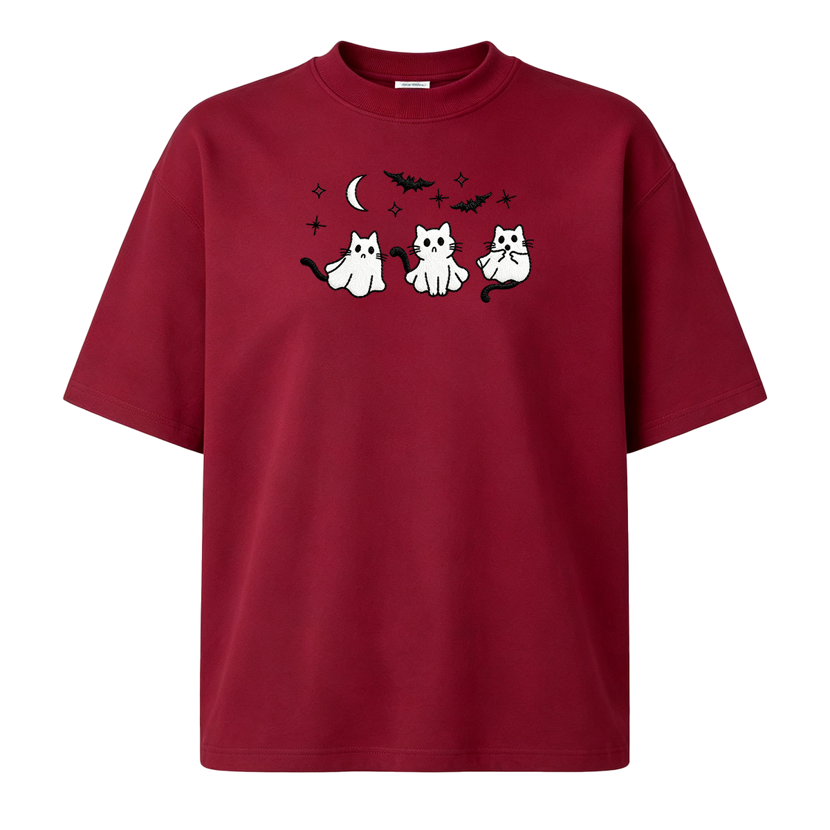 3 Ghost Cats Embroidered Spooky Season Halloween  T-shirt