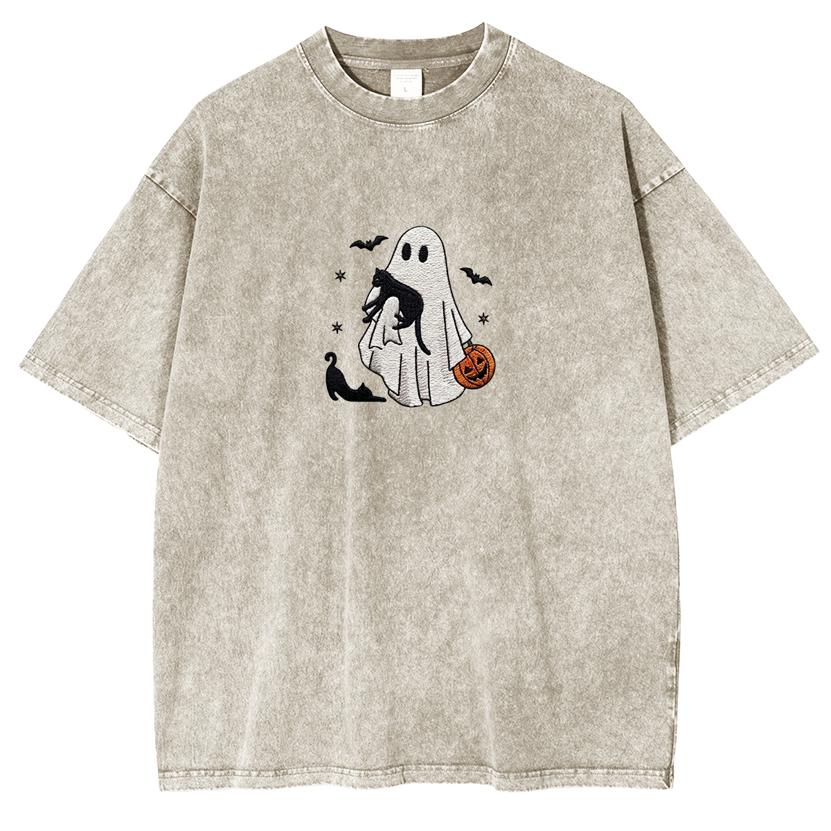Ghost With Cats embroidered Halloween Weashed Shrit