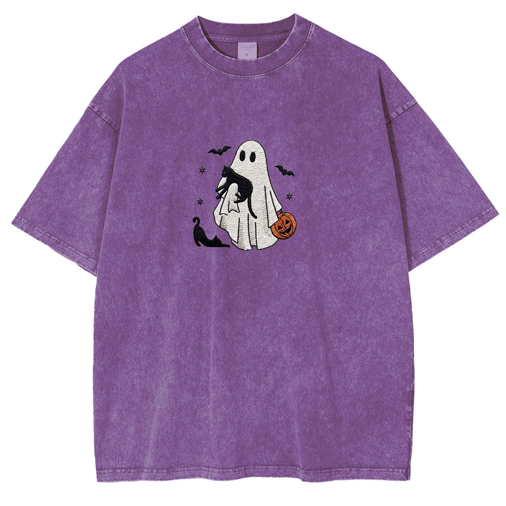 Ghost With Cats embroidered Halloween Weashed Shrit