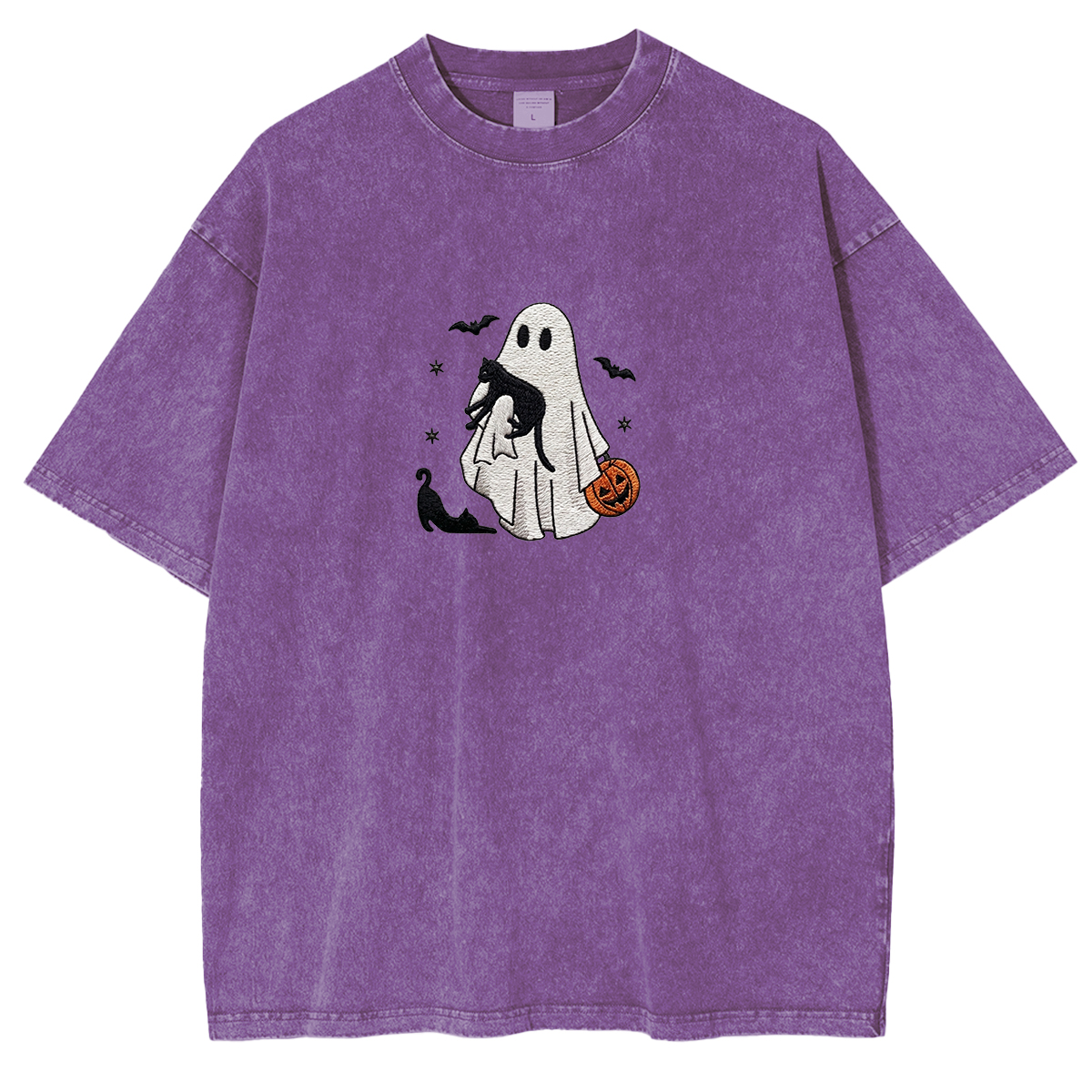 Ghost With Cats embroidered Halloween Weashed Shrit