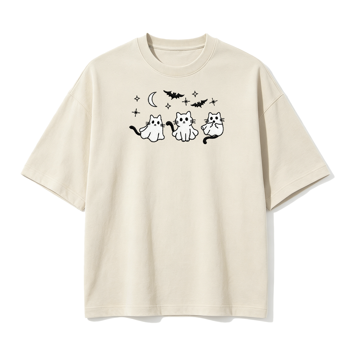 3 Ghost Cats Embroidered Spooky Season Halloween  T-shirt